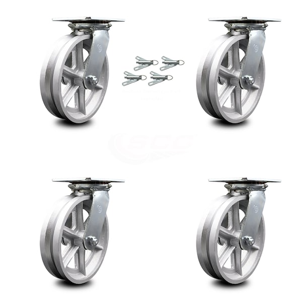 8 Inch V Groove Semi Steel Caster Set with Ball Bearings and Swivel Locks SCC
